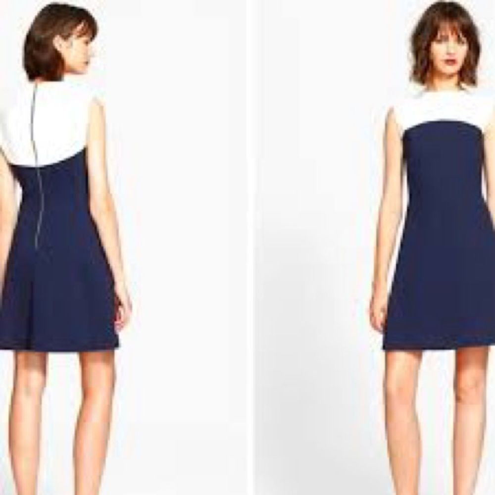 Kate Spade Funnel Neck Sponge Crepe Colorblock navy & ivory mini dress Sz 6